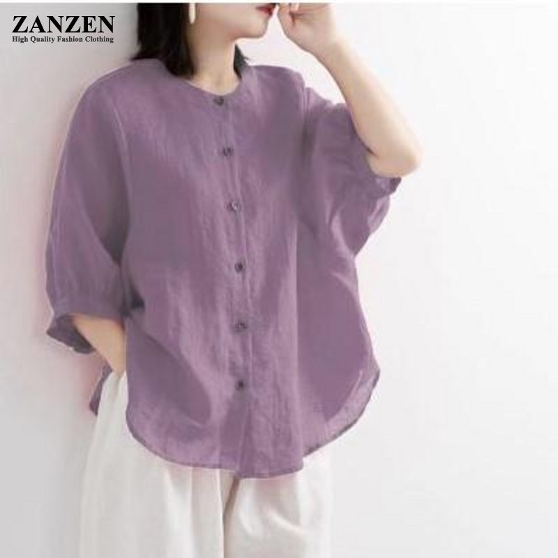 ZANZEN PURPLE Korean Women Shirts Summer Top cotton linen blouse 3/4 Sleeve Solid Color Blouse Plus Size Blouse